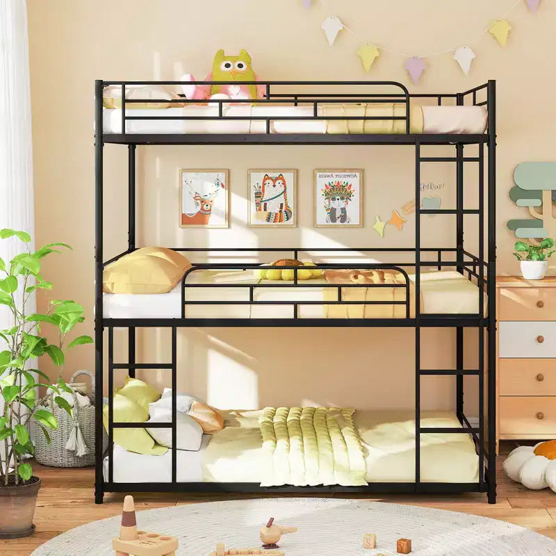 Full Over Full Over Full Metal Bed Frame, Heavy-Duty Triple Bunk Bed with Dual Ladders