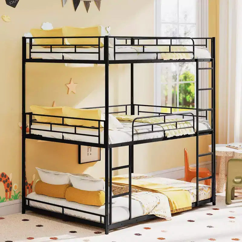 Full Over Full Over Full Metal Bed Frame, Heavy-Duty Triple Bunk Bed with Dual Ladders
