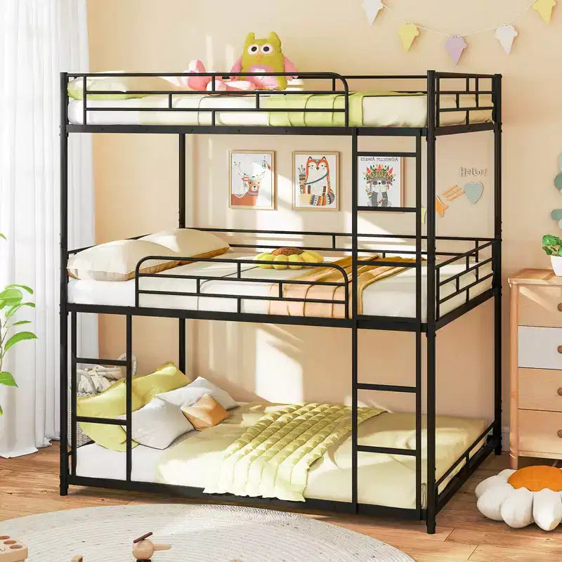 Full Over Full Over Full Metal Bed Frame, Heavy-Duty Triple Bunk Bed with Dual Ladders
