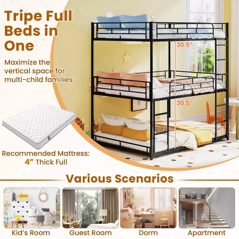 Full Over Full Over Full Metal Bed Frame, Heavy-Duty Triple Bunk Bed with Dual Ladders