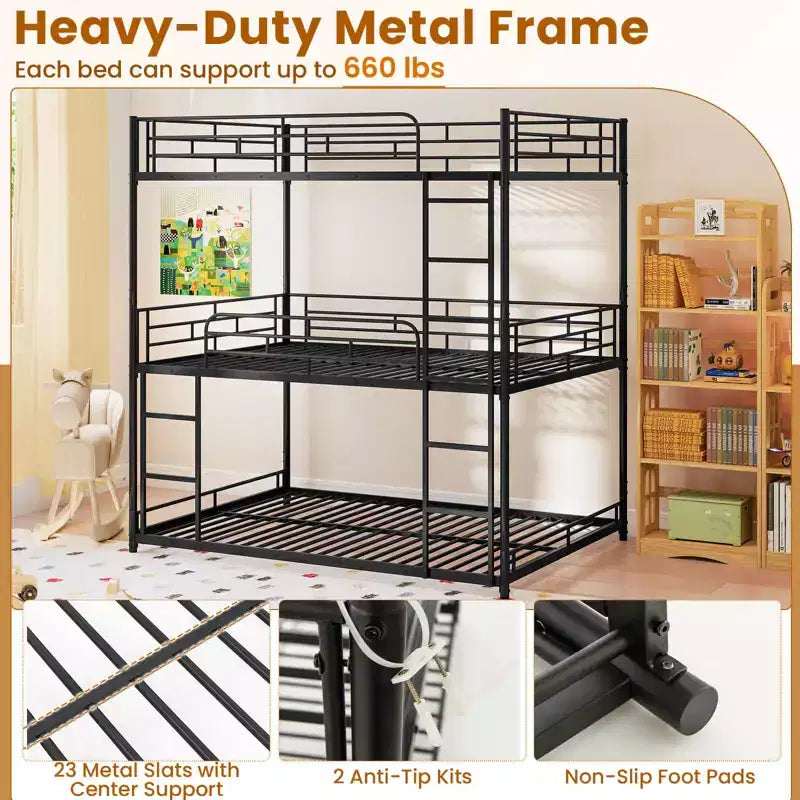 Full Over Full Over Full Metal Bed Frame, Heavy-Duty Triple Bunk Bed with Dual Ladders