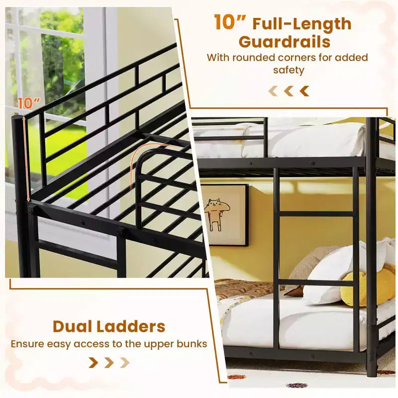 Full Over Full Over Full Metal Bed Frame, Heavy-Duty Triple Bunk Bed with Dual Ladders