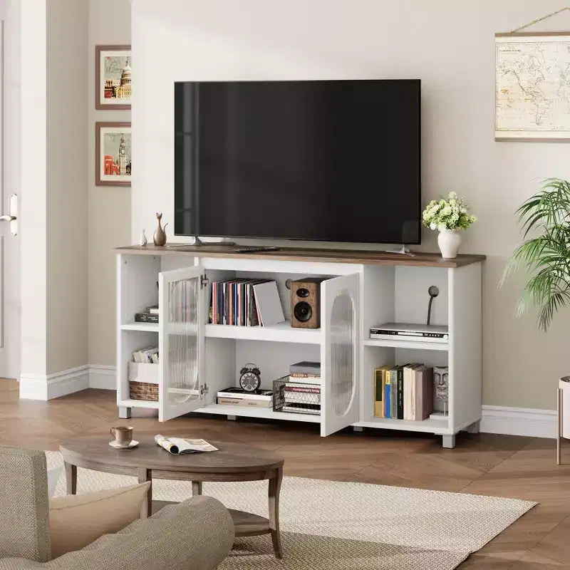 TV Cabinet for up to 70 Inch TV, Rustic TV Stand with Corrugated Glass Doors & Open Shelves for Living Room