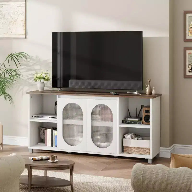 TV Cabinet for up to 70 Inch TV, Rustic TV Stand with Corrugated Glass Doors & Open Shelves for Living Room