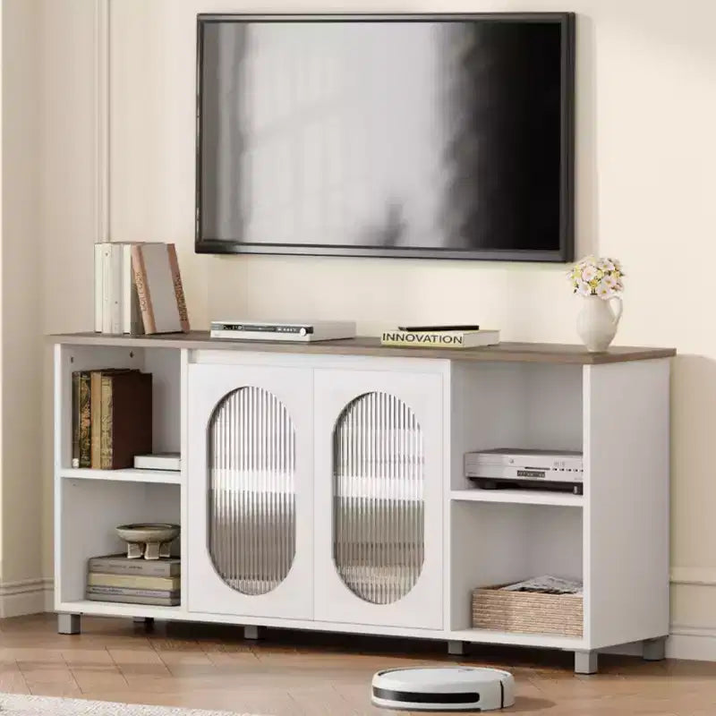 TV Cabinet for up to 70 Inch TV, Rustic TV Stand with Corrugated Glass Doors & Open Shelves for Living Room