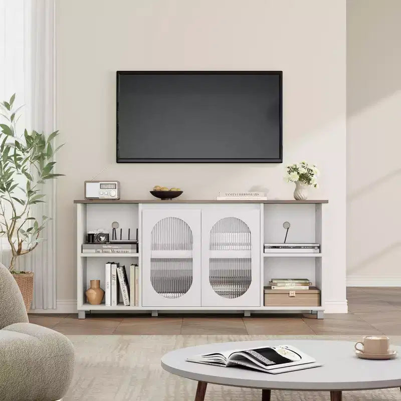 TV Cabinet for up to 70 Inch TV, Rustic TV Stand with Corrugated Glass Doors & Open Shelves for Living Room