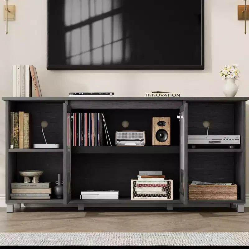 TV Cabinet for up to 70 Inch TV, Rustic TV Stand with Corrugated Glass Doors & Open Shelves for Living Room