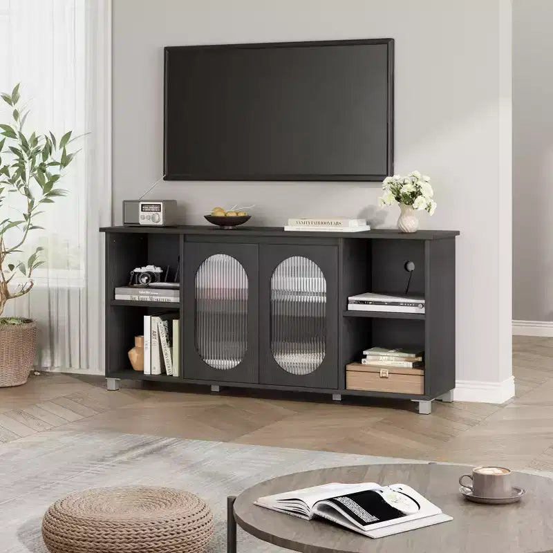 TV Cabinet for up to 70 Inch TV, Rustic TV Stand with Corrugated Glass Doors & Open Shelves for Living Room