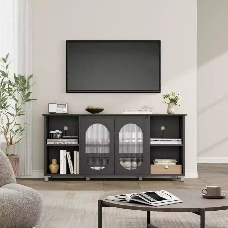 TV Cabinet for up to 70 Inch TV, Rustic TV Stand with Corrugated Glass Doors & Open Shelves for Living Room