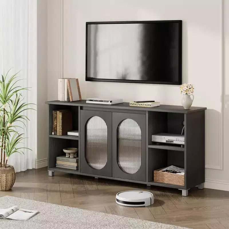 TV Cabinet for up to 70 Inch TV, Rustic TV Stand with Corrugated Glass Doors & Open Shelves for Living Room
