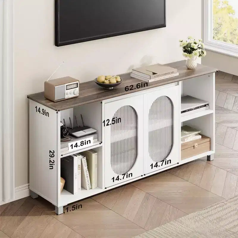 TV Cabinet for up to 70 Inch TV, Rustic TV Stand with Corrugated Glass Doors & Open Shelves for Living Room