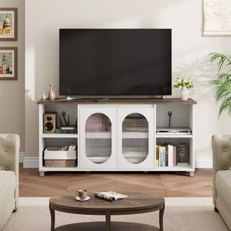 TV Cabinet for up to 70 Inch TV, Rustic TV Stand with Corrugated Glass Doors & Open Shelves for Living Room