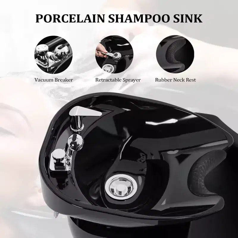 Electric Shampoo Bowl and Chair Backwash Unit with Reclining Legrest and Tilting Porcelain Shampoo Sink