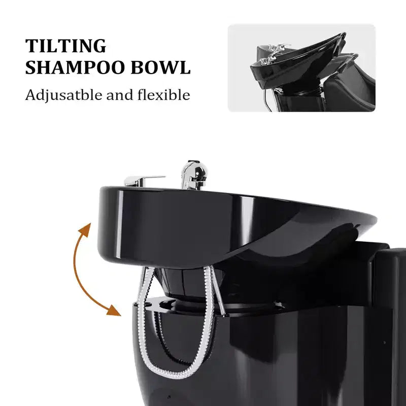 Electric Shampoo Bowl and Chair Backwash Unit with Reclining Legrest and Tilting Porcelain Shampoo Sink