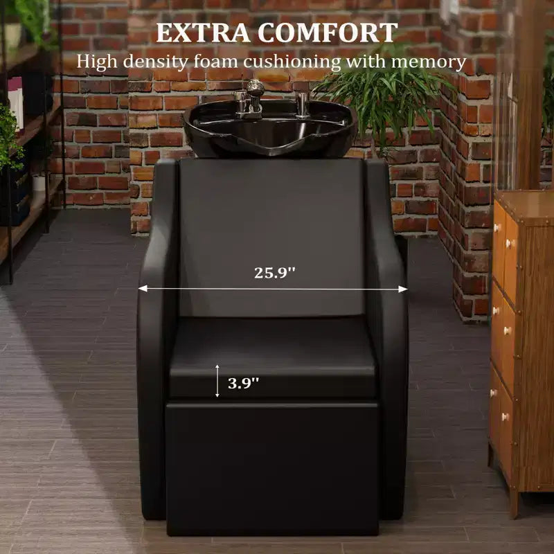 Electric Shampoo Bowl and Chair Backwash Unit with Reclining Legrest and Tilting Porcelain Shampoo Sink
