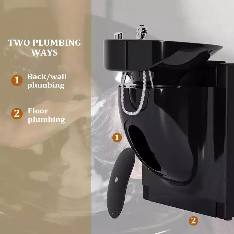 Electric Shampoo Bowl and Chair Backwash Unit with Reclining Legrest and Tilting Porcelain Shampoo Sink