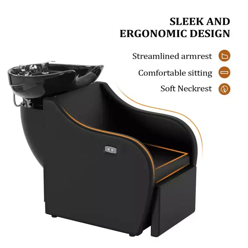 Electric Shampoo Bowl and Chair Backwash Unit with Reclining Legrest and Tilting Porcelain Shampoo Sink