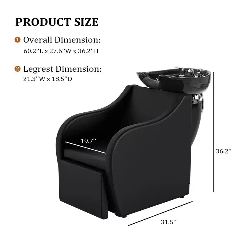 Electric Shampoo Bowl and Chair Backwash Unit with Reclining Legrest and Tilting Porcelain Shampoo Sink