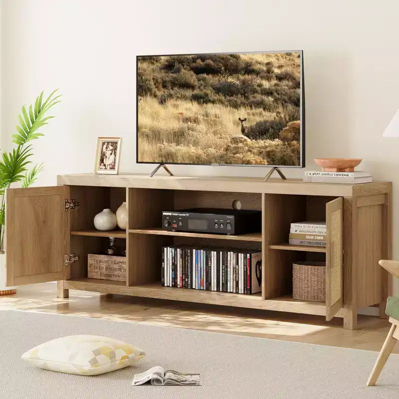 Boho TV Stand, Rattan Entertainment Center with Adjustable Shelves & Storage, Natural Oak