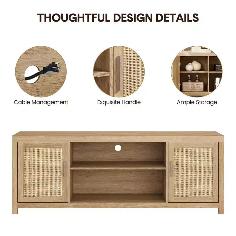 Boho TV Stand, Rattan Entertainment Center with Adjustable Shelves & Storage, Natural Oak