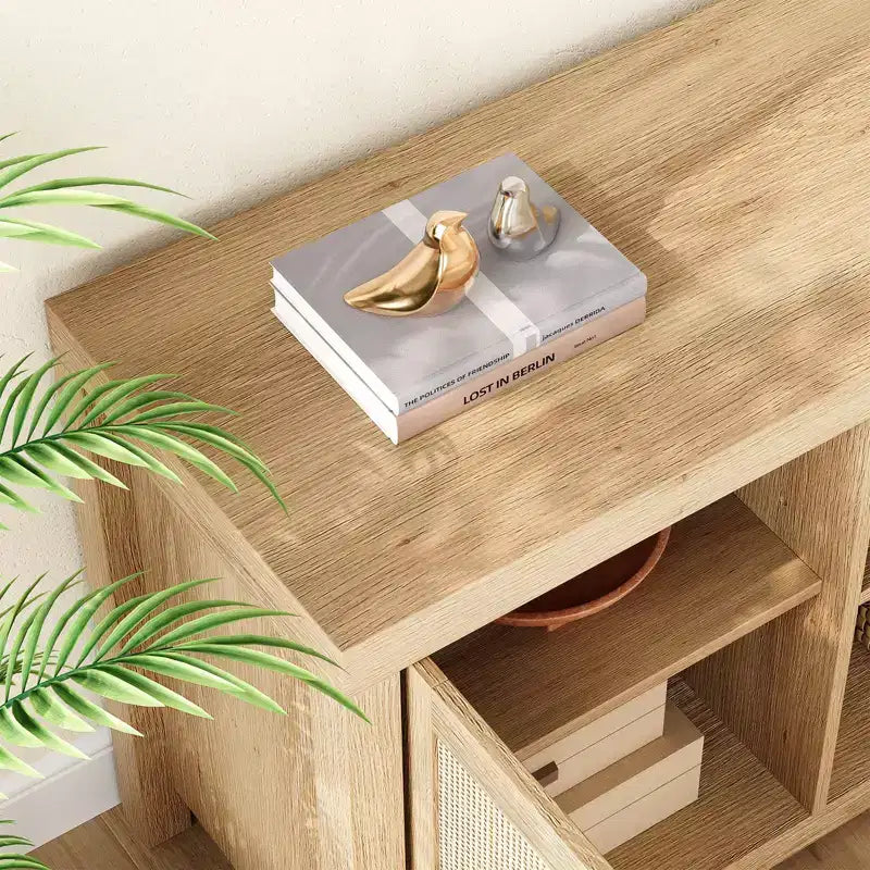 Boho TV Stand, Rattan Entertainment Center with Adjustable Shelves & Storage, Natural Oak