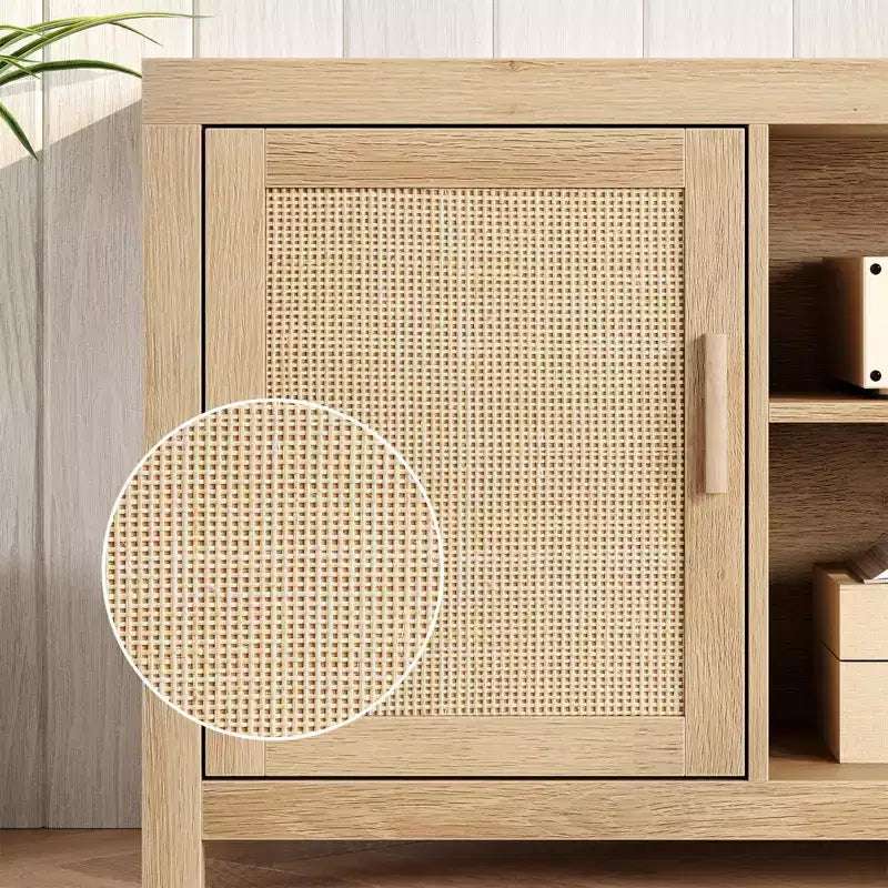 Boho TV Stand, Rattan Entertainment Center with Adjustable Shelves & Storage, Natural Oak