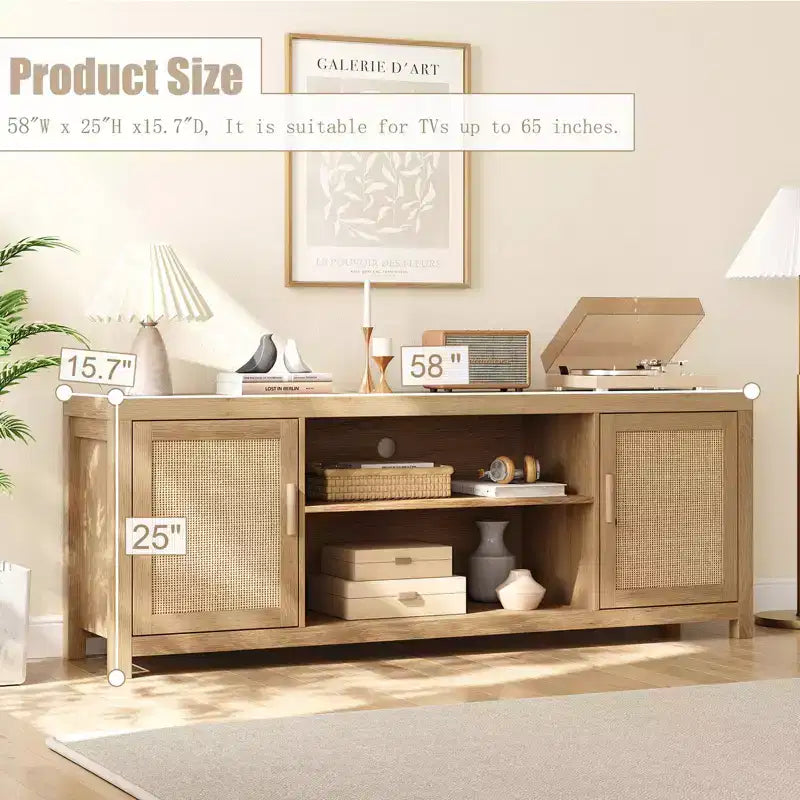 Boho TV Stand, Rattan Entertainment Center with Adjustable Shelves & Storage, Natural Oak