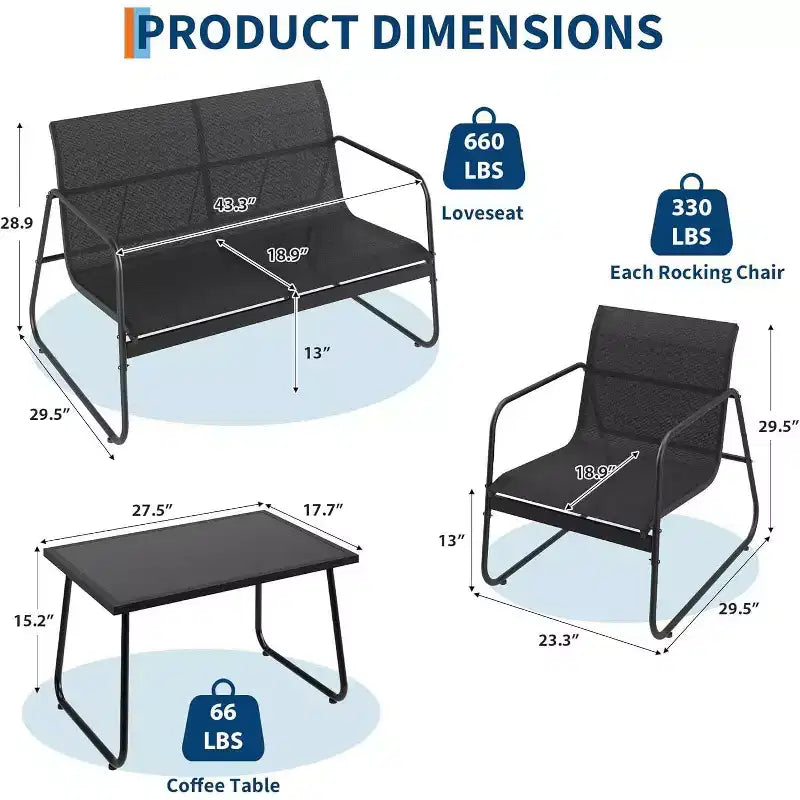 Ensemble de mobilier de jardin Acekool 4 pièces avec sièges en tissu, table basse en verre, causeuse et 2 chaises pour jardin, balcon, porche - Gris