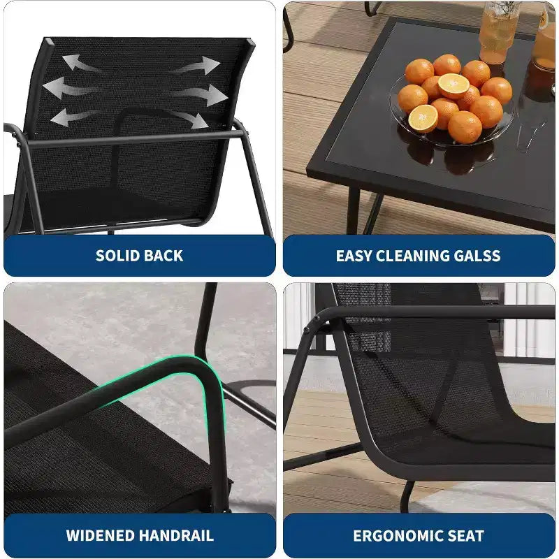 Ensemble de mobilier de jardin Acekool 4 pièces avec sièges en tissu, table basse en verre, causeuse et 2 chaises pour jardin, balcon, porche - Gris