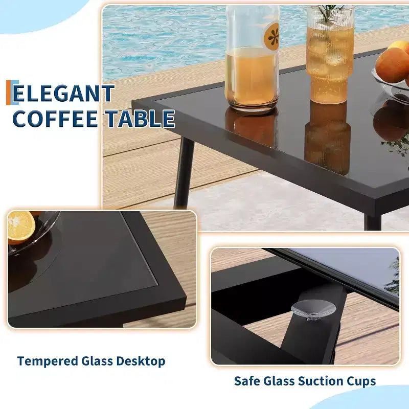 Ensemble de mobilier de jardin Acekool 4 pièces avec sièges en tissu, table basse en verre, causeuse et 2 chaises pour jardin, balcon, porche - Gris