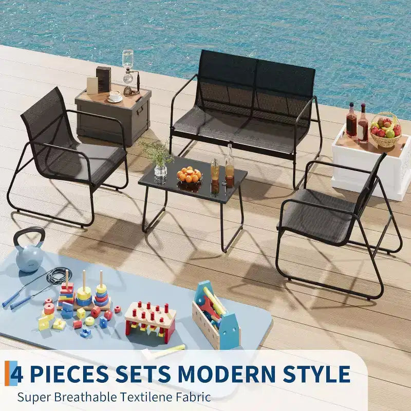 Ensemble de mobilier de jardin Acekool 4 pièces avec sièges en tissu, table basse en verre, causeuse et 2 chaises pour jardin, balcon, porche - Gris