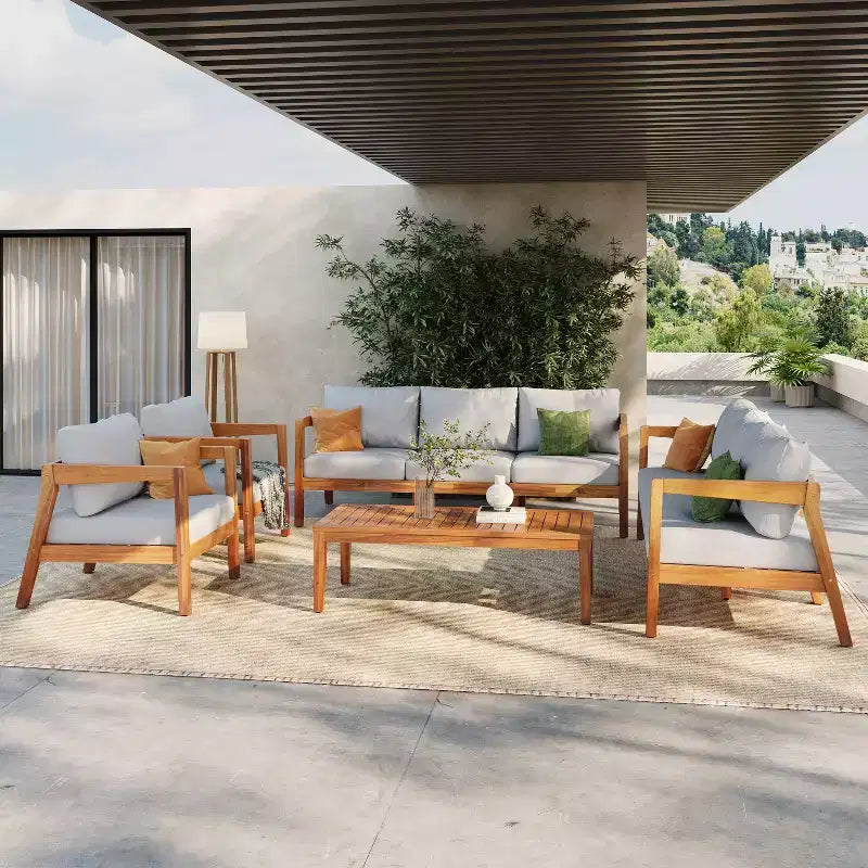 Christopher Knight Home Phichai Ensemble de 5 pièces de salon de jardin moderne en bois d'acacia avec coussins et table à lattes