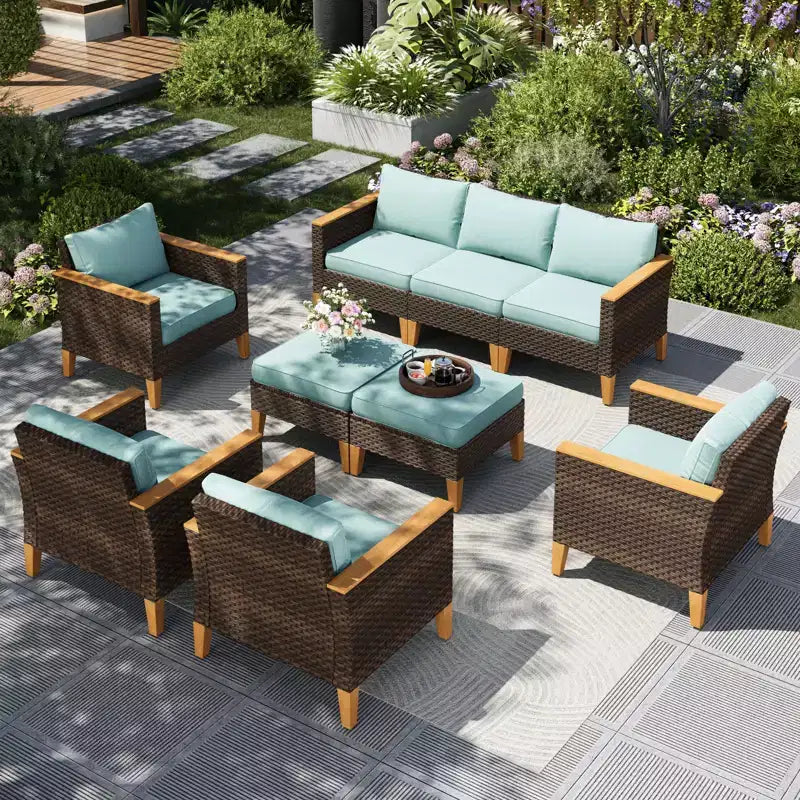 Captiva Designs Ensemble de canapé de conversation d'extérieur en osier 9 pièces avec coussins épais pour terrasse, jardin et piscine
