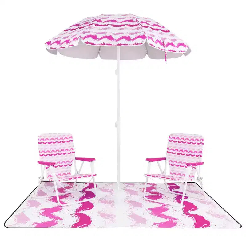 Costway Ensemble parasol de plage 4 pièces avec 2 chaises pliantes et couverture de pique-nique, mécanisme d'inclinaison bleu/rose
