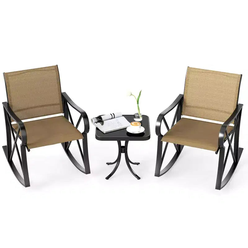 Ensemble de 3 pièces de mobilier de jardin Costway avec 2 fauteuils à bascule et 1 table d'appoint en verre trempé