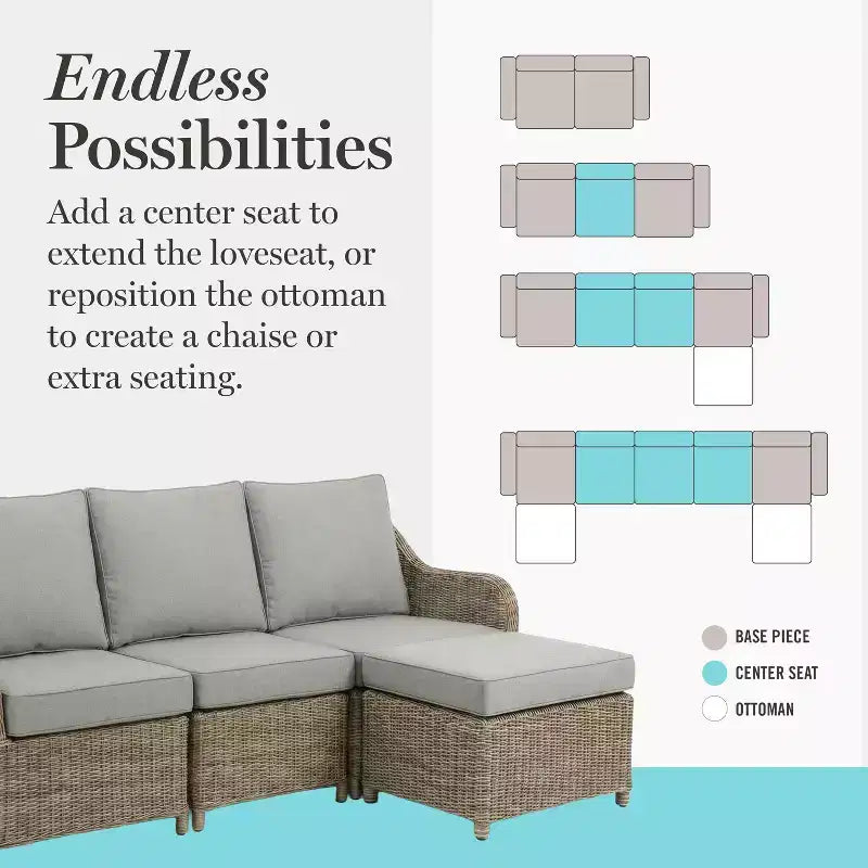 Canapé modulable 3 places d'intérieur-extérieur Martha Stewart Lily Pond avec pouf en osier tressé gris vieilli et coussins gris toutes saisons