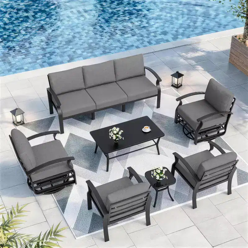 ALAULM Ensemble de mobilier de jardin en aluminium 7 places, avec fauteuil pivotant à bascule et table basse en métal