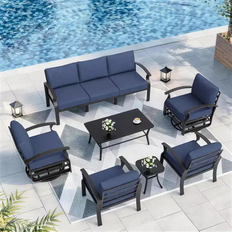 ALAULM Ensemble de mobilier de jardin en aluminium 7 places, avec fauteuil pivotant à bascule et table basse en métal