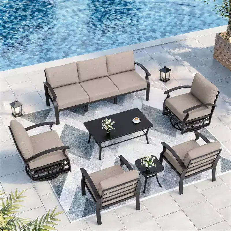 ALAULM Ensemble de mobilier de jardin en aluminium 7 places, avec fauteuil pivotant à bascule et table basse en métal