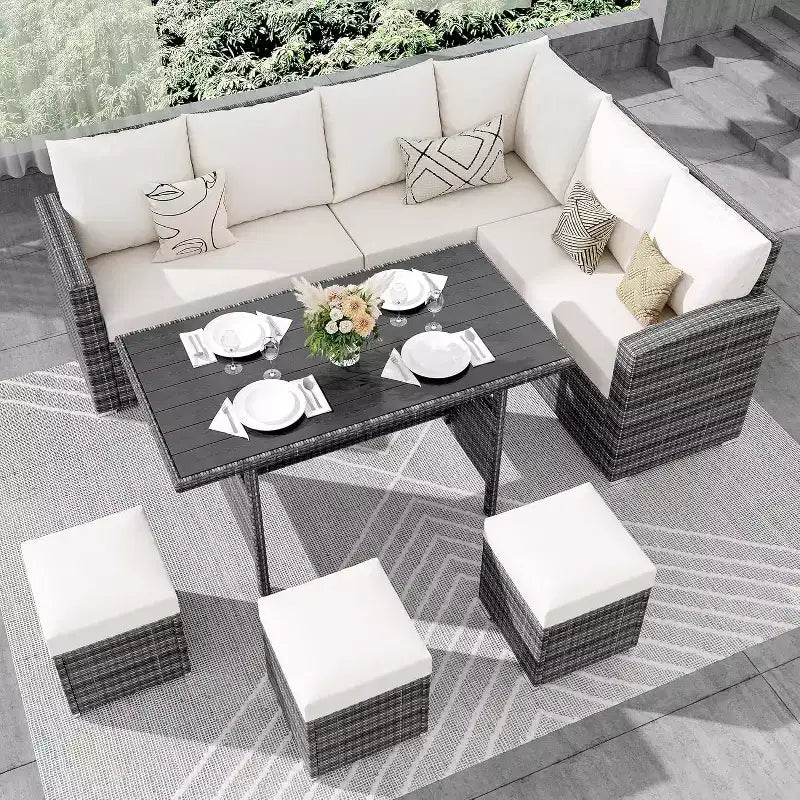 Ensemble de canapés modulaires de patio en rotin PE 9 places avec table de rangement Coussins déperlants Gris pour jardin, terrasse, piscine